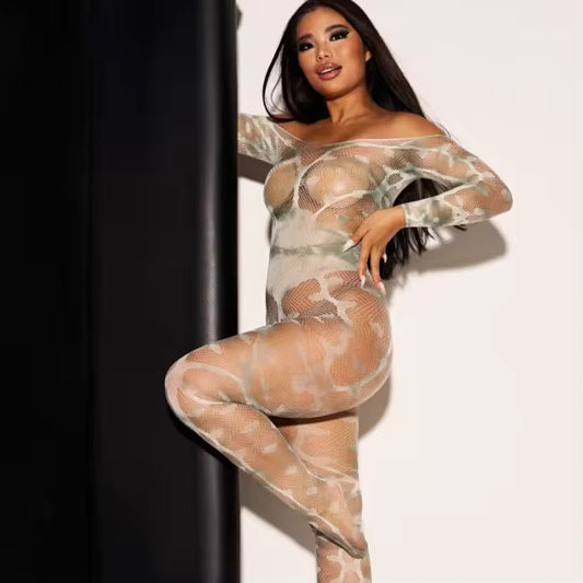 Sexy Mesh Fishnet Babydoll Bodysuit - Colorful Tie Dye See-Through Lingerie Costume-semi transparent